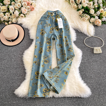 Ženske džins širokih nogu s visokim strukom, otisak, srednja duljina, poliester smjesa 30–50%, jesen 2025