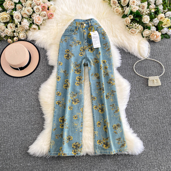 Ženske džins širokih nogu s visokim strukom, otisak, srednja duljina, poliester smjesa 30–50%, jesen 2025