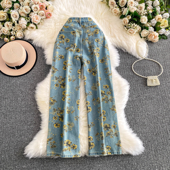 Ženske džins širokih nogu s visokim strukom, otisak, srednja duljina, poliester smjesa 30–50%, jesen 2025