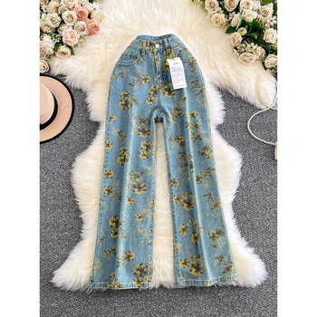 Ženske džins širokih nogu s visokim strukom, otisak, srednja duljina, poliester smjesa 30–50%, jesen 2025