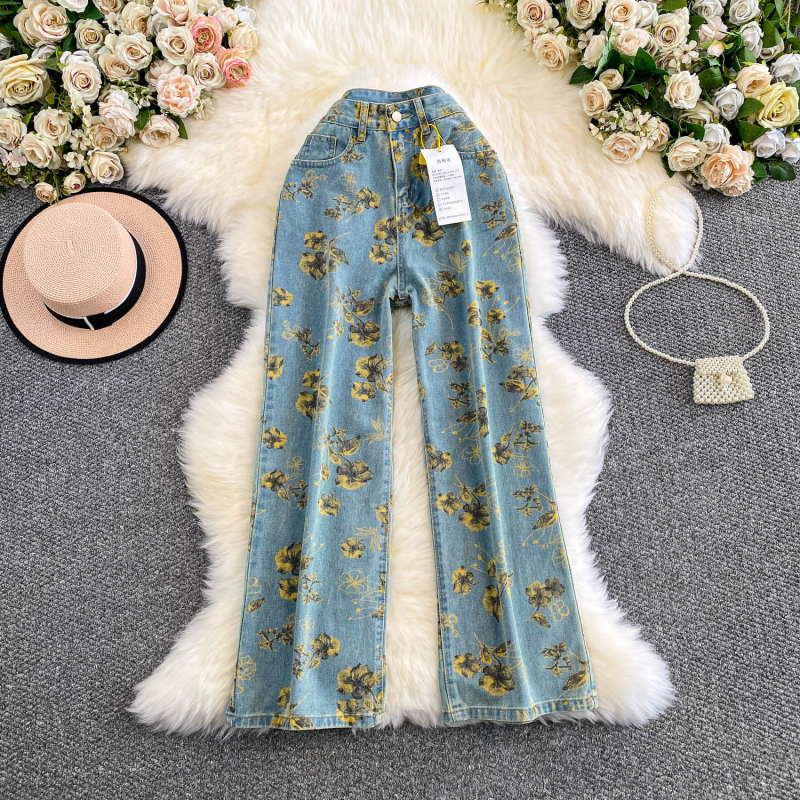 Ženske džins širokih nogu s visokim strukom, otisak, srednja duljina, poliester smjesa 30–50%, jesen 2025