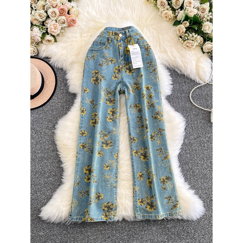 Ženske džins širokih nogu s visokim strukom, otisak, srednja duljina, poliester smjesa 30–50%, jesen 2025