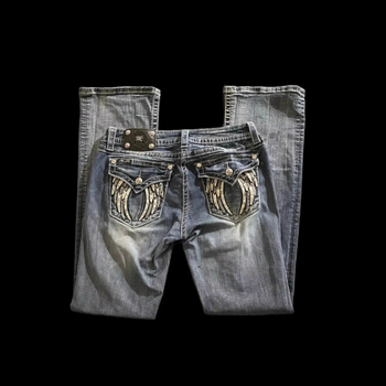 Γυναικείοι τζίν Y2K με κέντημα φτερών σε τσέπες, στενή εφαρμογή, μεσαία μέση, ρετρό ντένιμ