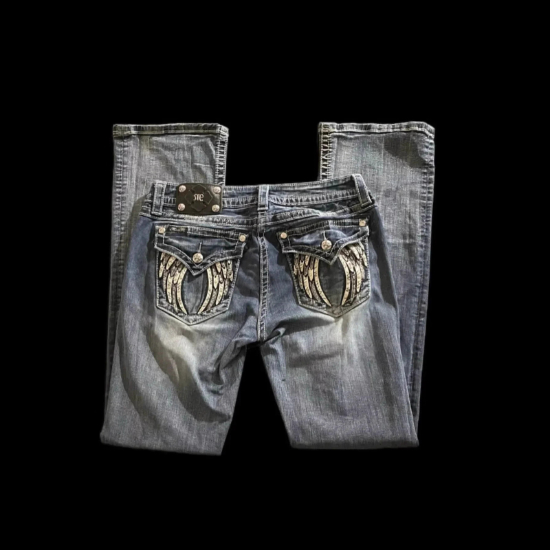 Γυναικείοι τζίν Y2K με κέντημα φτερών σε τσέπες, στενή εφαρμογή, μεσαία μέση, ρετρό ντένιμ