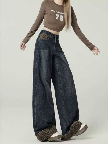 Traperice s vintage patchwork leopard uzorkom, rolirani rub, visoki struk, široke nogavice