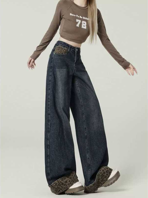 Traperice s vintage patchwork leopard uzorkom, rolirani rub, visoki struk, široke nogavice