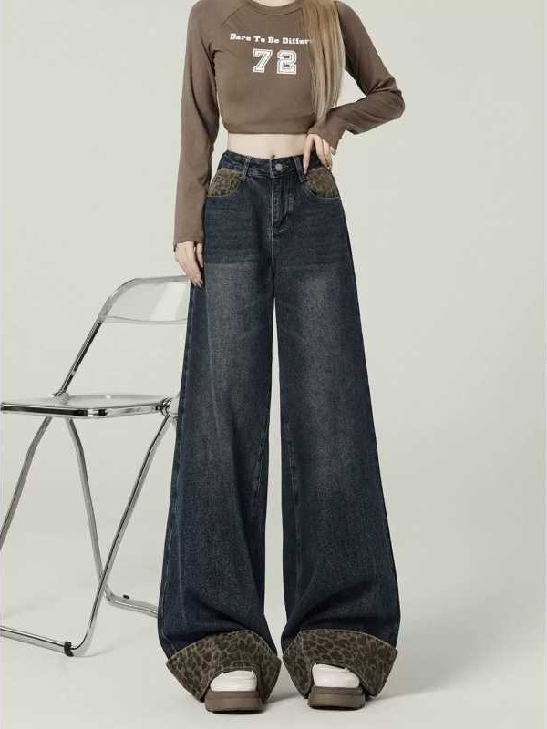 Traperice s vintage patchwork leopard uzorkom, rolirani rub, visoki struk, široke nogavice