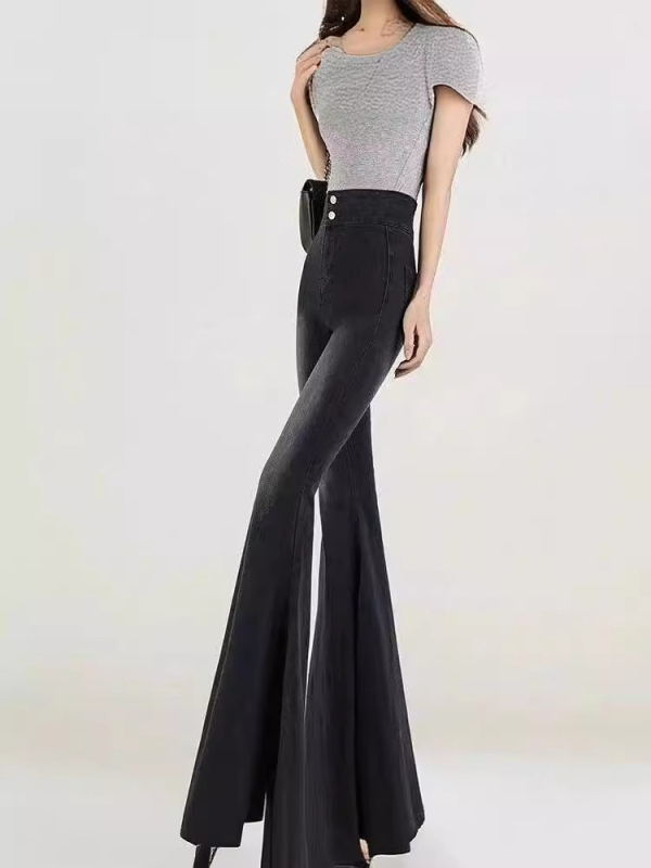 Ženske traperice s visokim strukom, lagano širećeg kroja s ribljom repom, mikroelastične, 50–70% pamuka, ručno završene