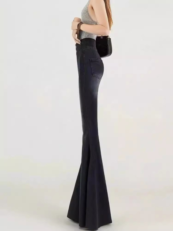 Ženske traperice s visokim strukom, lagano širećeg kroja s ribljom repom, mikroelastične, 50–70% pamuka, ručno završene