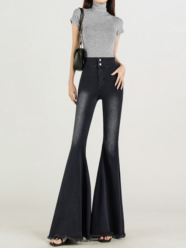 Ženske traperice s visokim strukom, lagano širećeg kroja s ribljom repom, mikroelastične, 50–70% pamuka, ručno završene