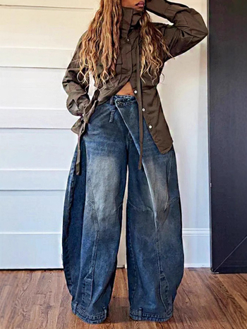 Traperice scimitar-cut, slobodan kroj, srednji struk, denim s 50–70% pamuka, vintage distresirano oprano