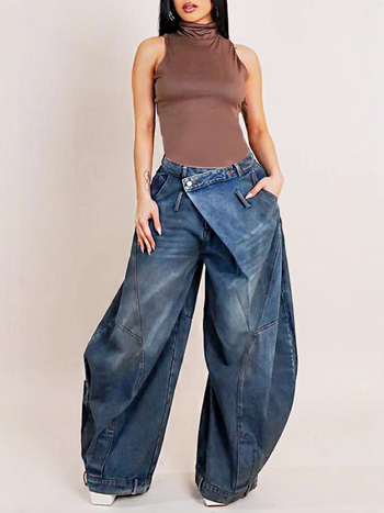 Traperice scimitar-cut, slobodan kroj, srednji struk, denim s 50–70% pamuka, vintage distresirano oprano