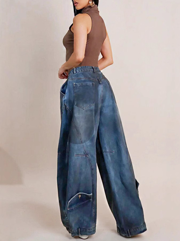Traperice scimitar-cut, slobodan kroj, srednji struk, denim s 50–70% pamuka, vintage distresirano oprano