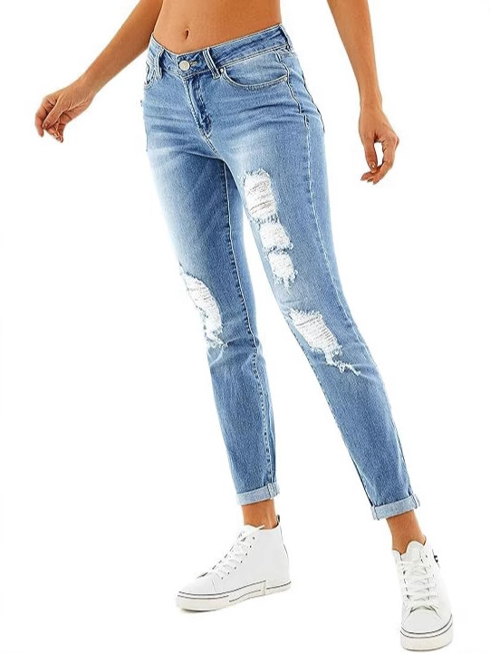 Ženske skinny traperice s niskim strukom i poderotinama, denim 50–70% pamuk, 30–50% poliester, proljeće 2025