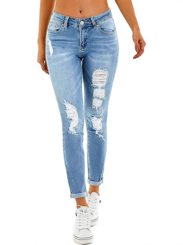 Ženske skinny traperice s niskim strukom i poderotinama, denim 50–70% pamuk, 30–50% poliester, proljeće 2025