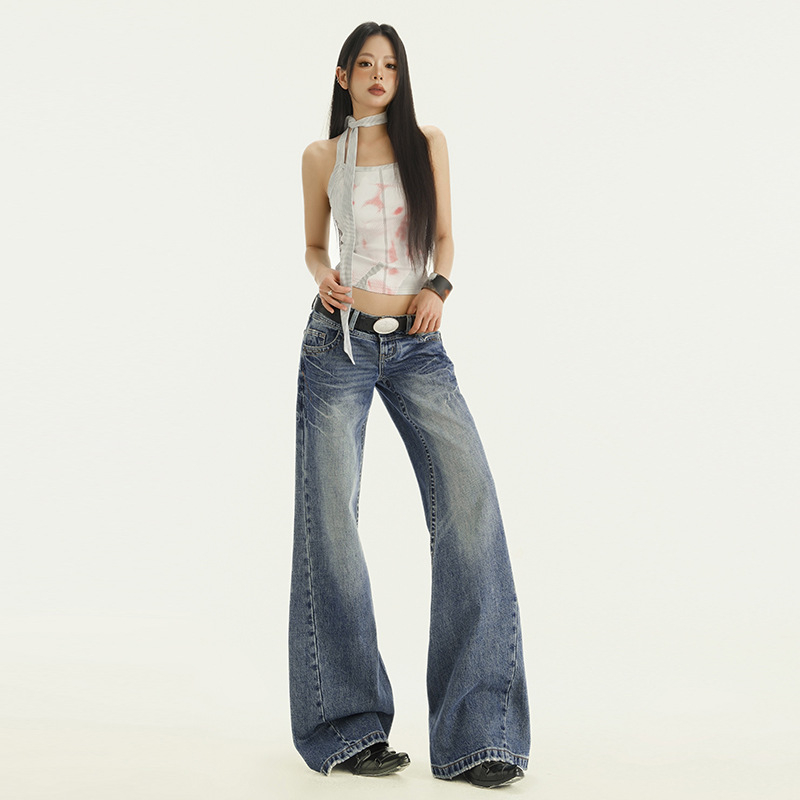 Traperice s niskim strukom, retro stil, lagano šireće, 95% pamuk, kovbojski denim