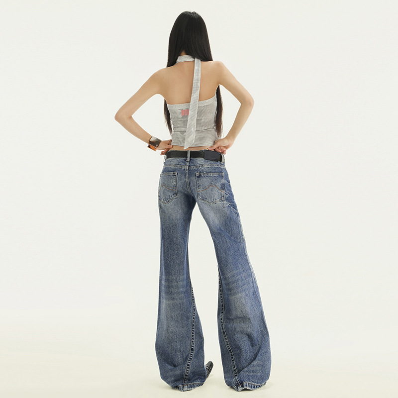 Traperice s niskim strukom, retro stil, lagano šireće, 95% pamuk, kovbojski denim