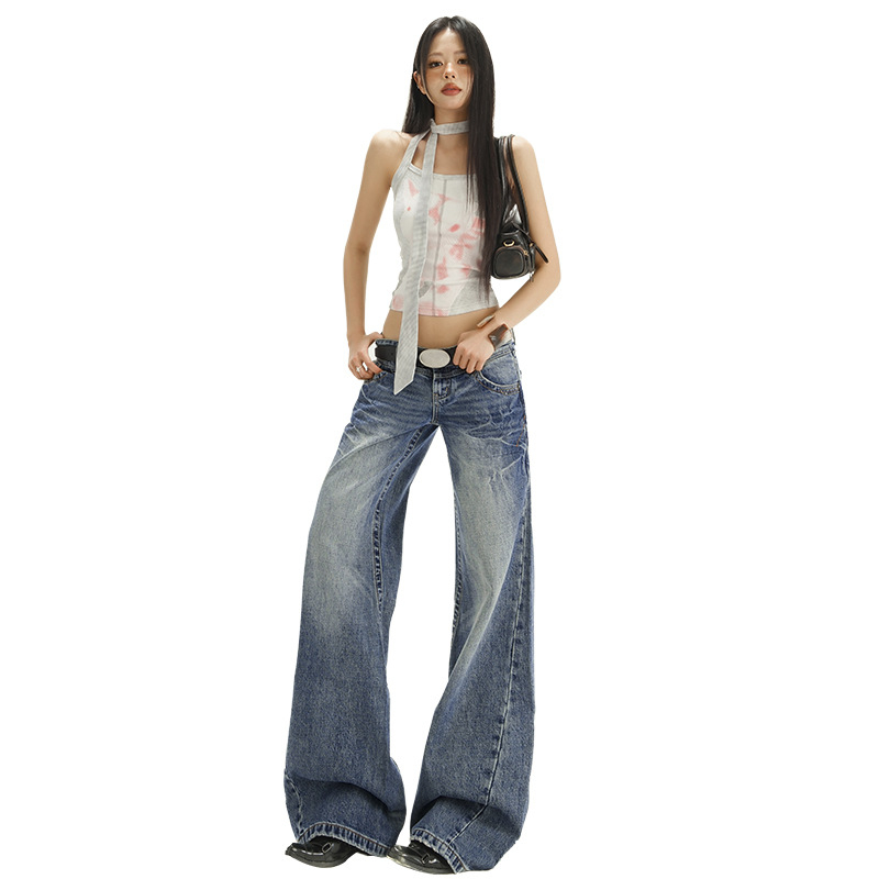 Traperice s niskim strukom, retro stil, lagano šireće, 95% pamuk, kovbojski denim