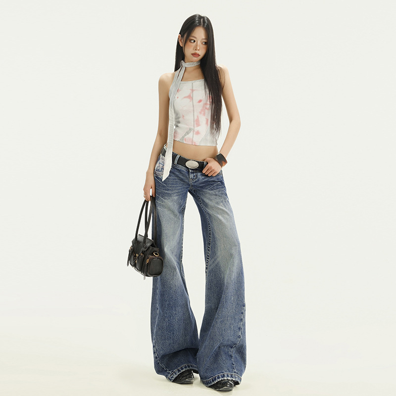 Traperice s niskim strukom, retro stil, lagano šireće, 95% pamuk, kovbojski denim
