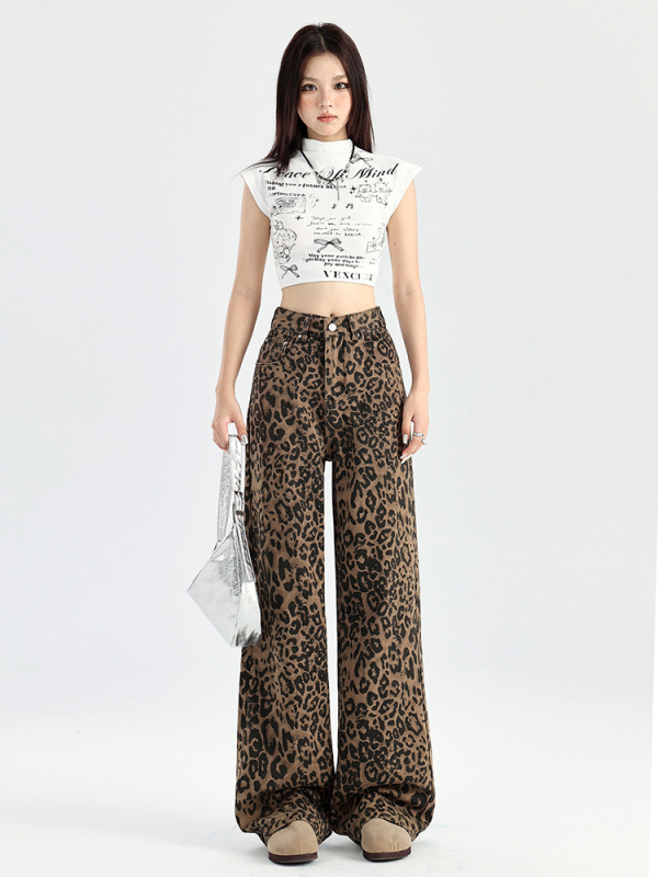 Ženske traperice leopard uzorkom, visokim strukom, široke nogavice, denim 95% pamuk