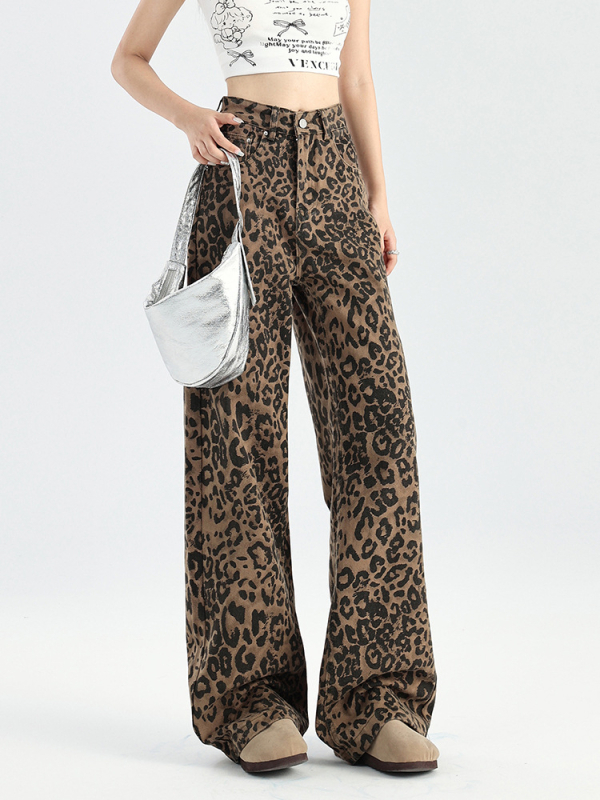 Ženske traperice leopard uzorkom, visokim strukom, široke nogavice, denim 95% pamuk