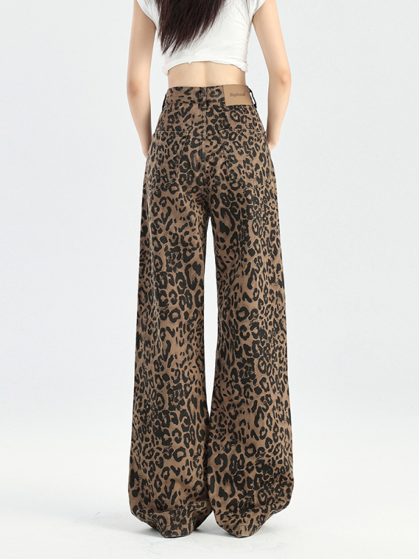 Ženske traperice leopard uzorkom, visokim strukom, široke nogavice, denim 95% pamuk