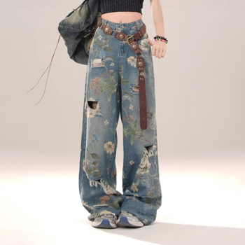 Дънкови джинси с печатен дизайн, висока талия, широк крак, дълги до пода