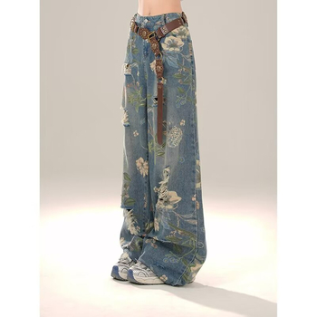 Дънкови джинси с печатен дизайн, висока талия, широк крак, дълги до пода