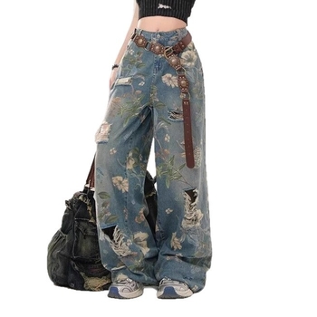 Дънкови джинси с печатен дизайн, висока талия, широк крак, дълги до пода