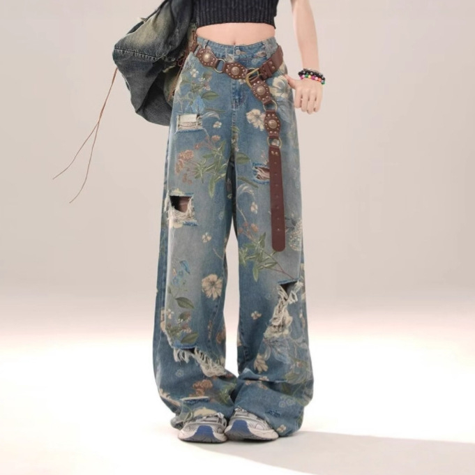 Дънкови джинси с печатен дизайн, висока талия, широк крак, дълги до пода