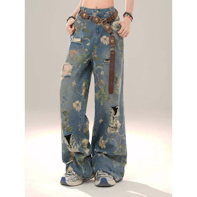 Дънкови джинси с печатен дизайн, висока талия, широк крак, дълги до пода