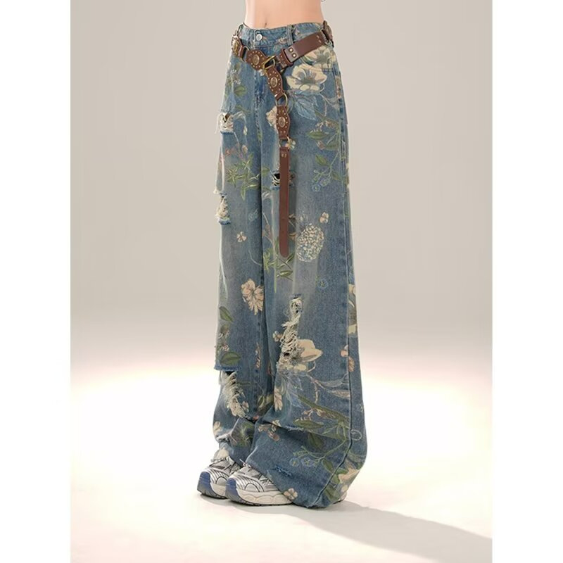 Дънкови джинси с печатен дизайн, висока талия, широк крак, дълги до пода