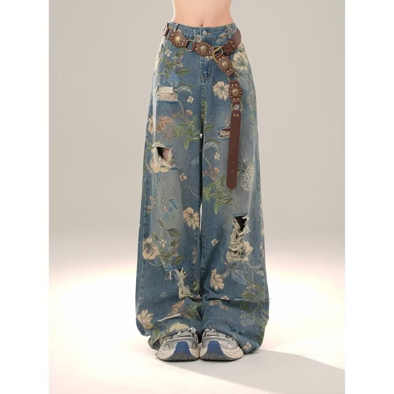 Дънкови джинси с печатен дизайн, висока талия, широк крак, дълги до пода