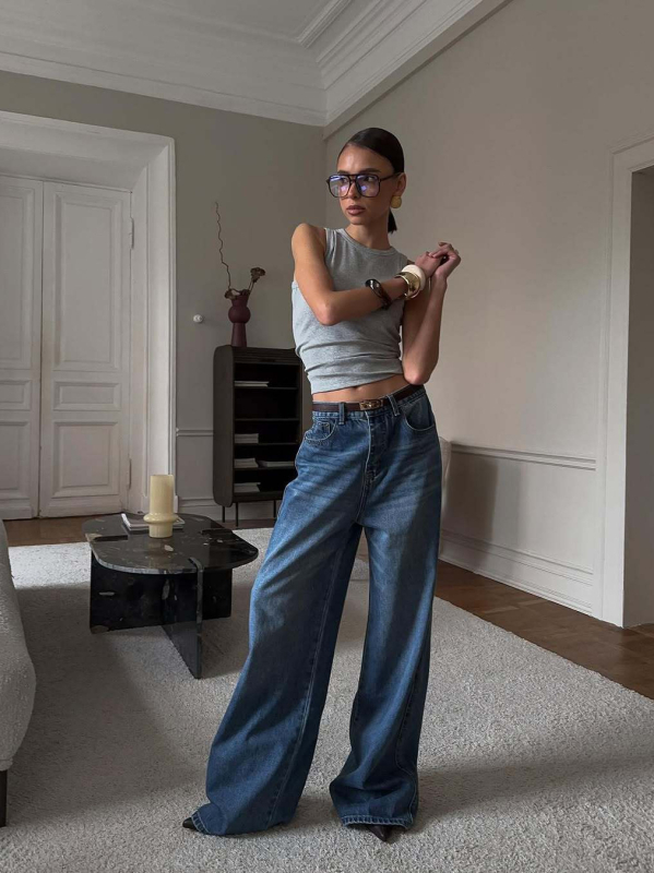 Ženske traperice širokih nogavica, visoki struk, denim 95% pamuk, street fashionista stil