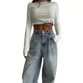 RS ženske traperice od denima – američki retro stil, niski struk, bez elastana, isprani denim, široke nogavice ravnog kroja