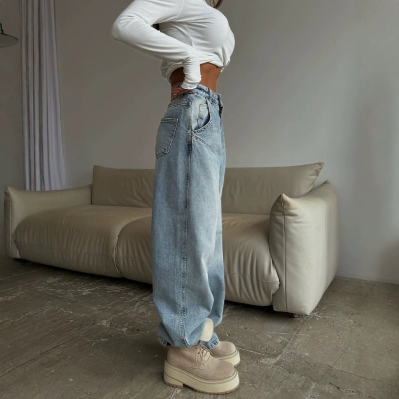 RS ženske traperice od denima – američki retro stil, niski struk, bez elastana, isprani denim, široke nogavice ravnog kroja