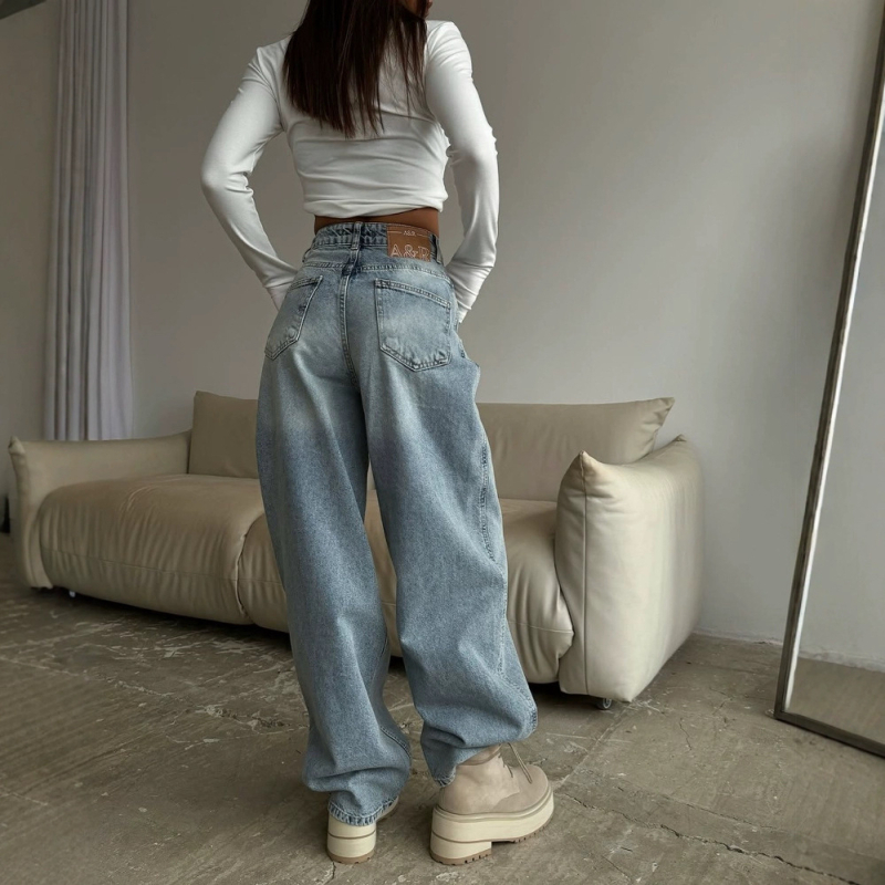 RS ženske traperice od denima – američki retro stil, niski struk, bez elastana, isprani denim, široke nogavice ravnog kroja