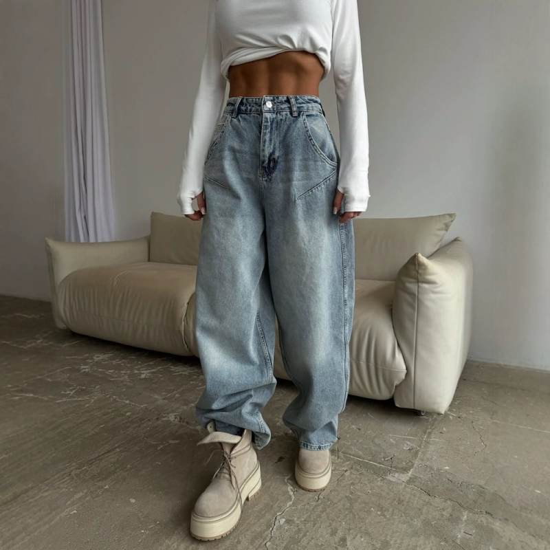 RS ženske traperice od denima – američki retro stil, niski struk, bez elastana, isprani denim, široke nogavice ravnog kroja