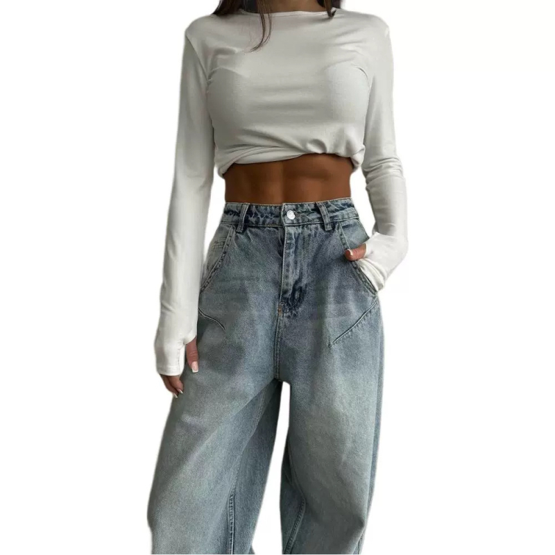 RS ženske traperice od denima – američki retro stil, niski struk, bez elastana, isprani denim, široke nogavice ravnog kroja