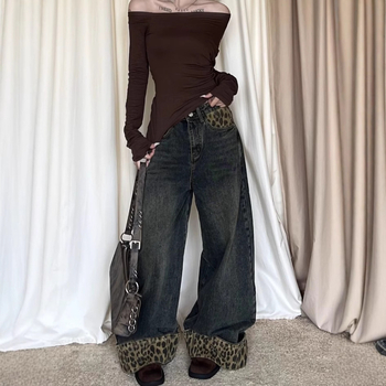 Ženske traperice s leopard printom, pamuk 30–50%, visok pas, ravne nogavice, street hipster stil