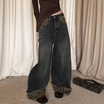 Ženske traperice s leopard printom, pamuk 30–50%, visok pas, ravne nogavice, street hipster stil