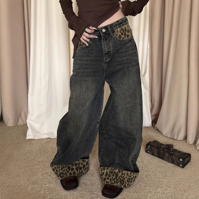 Ženske traperice s leopard printom, pamuk 30–50%, visok pas, ravne nogavice, street hipster stil