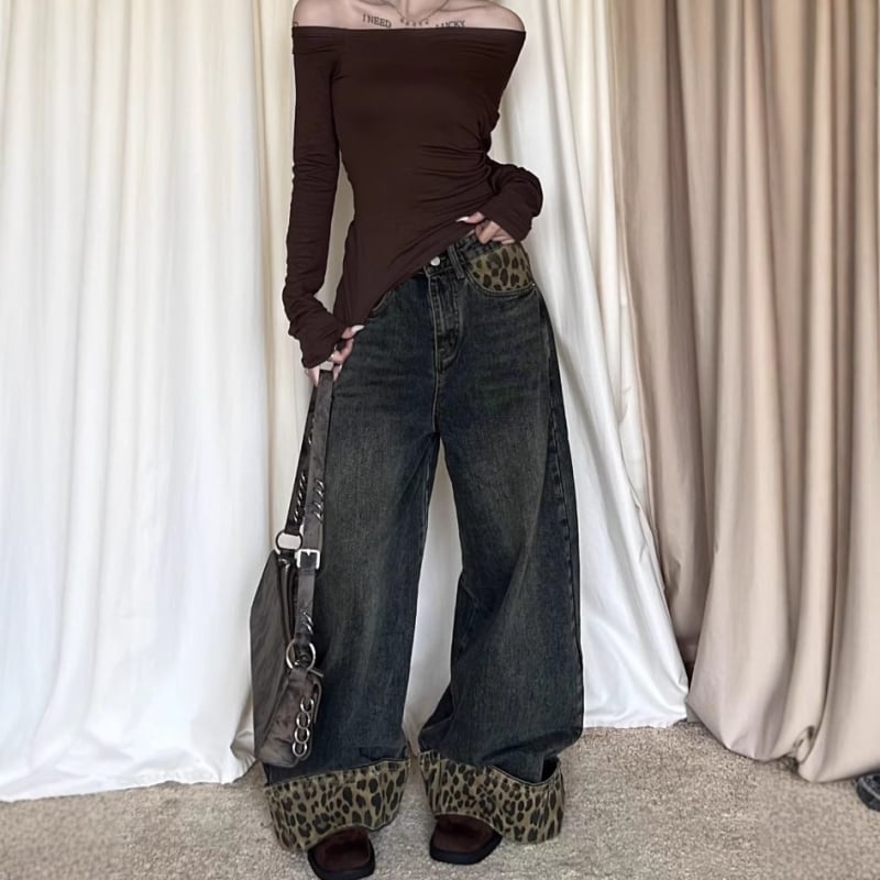 Ženske traperice s leopard printom, pamuk 30–50%, visok pas, ravne nogavice, street hipster stil