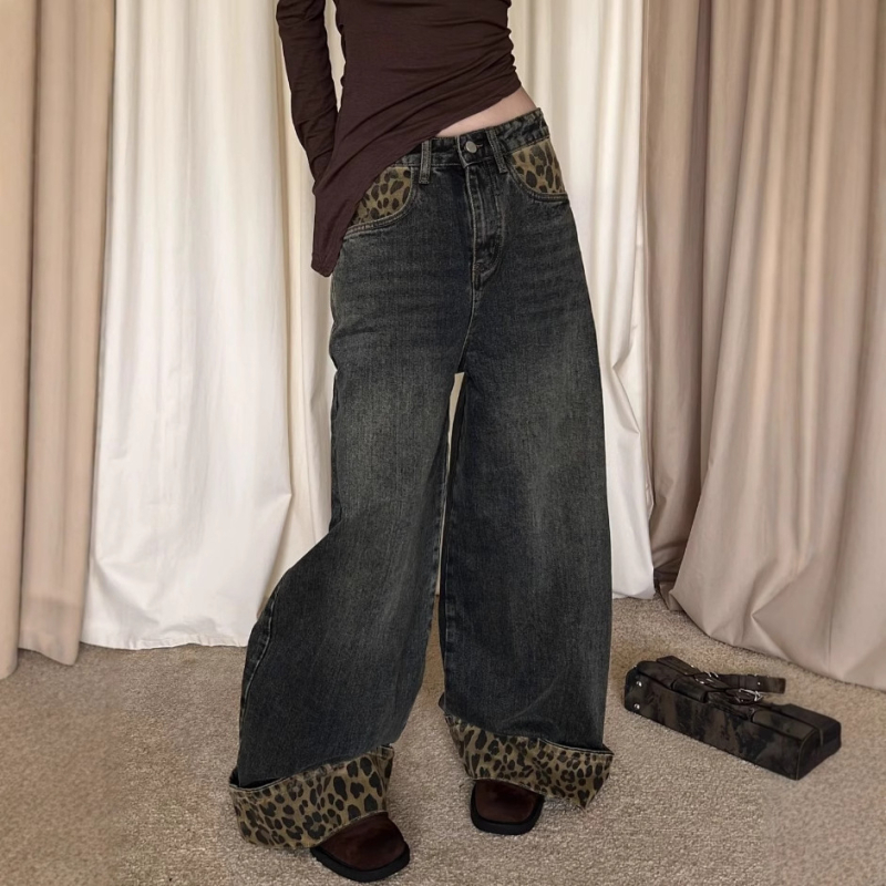 Ženske traperice s leopard printom, pamuk 30–50%, visok pas, ravne nogavice, street hipster stil