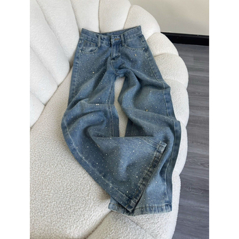 Traperice s rhinestones, visok pas, ravni kroj, pamuk denim, ljetni stil 2025