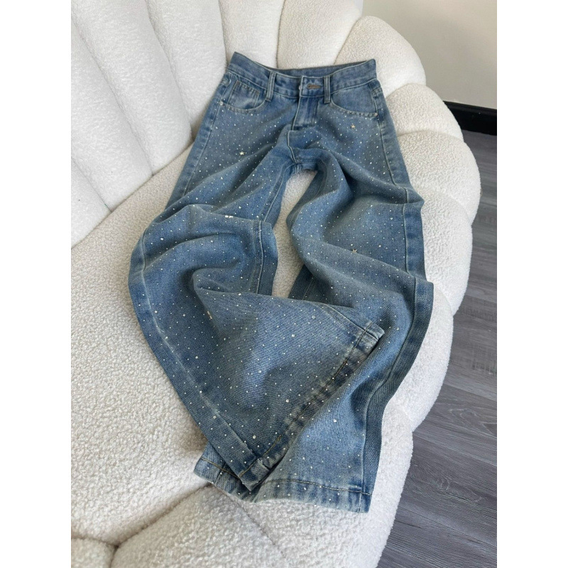 Traperice s rhinestones, visok pas, ravni kroj, pamuk denim, ljetni stil 2025