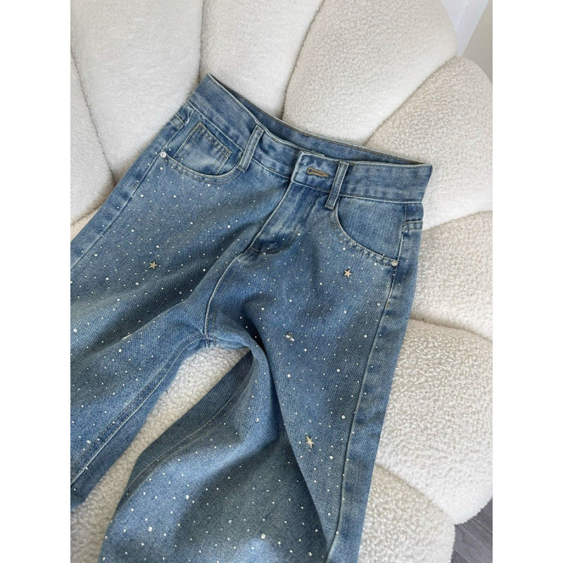 Traperice s rhinestones, visok pas, ravni kroj, pamuk denim, ljetni stil 2025