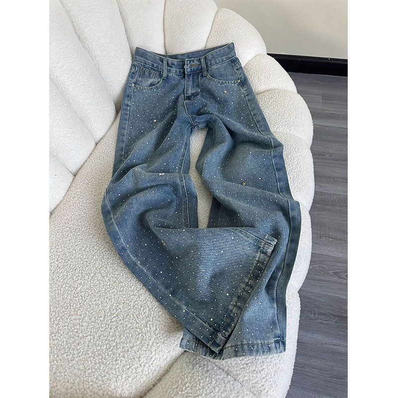 Traperice s rhinestones, visok pas, ravni kroj, pamuk denim, ljetni stil 2025