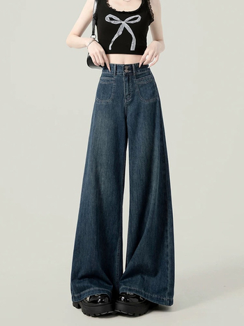 Ženske široke traperice od denima, visok pas, ležeran ravni kroj, mikroelastični denim, jesen 2024