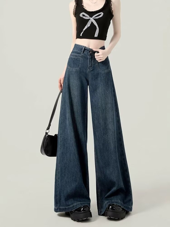 Ženske široke traperice od denima, visok pas, ležeran ravni kroj, mikroelastični denim, jesen 2024